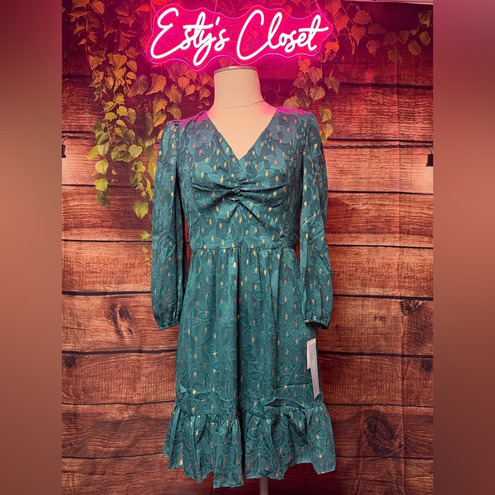London Times Teal and Gold Leaf Pattern Dress